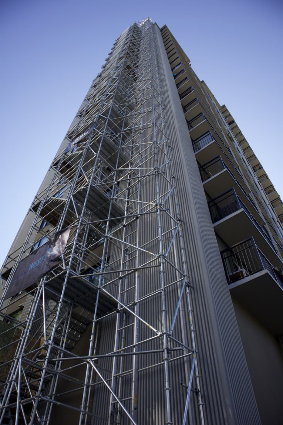 Scaffold running the full height of a residential tower on Harwood Street, Vancouver